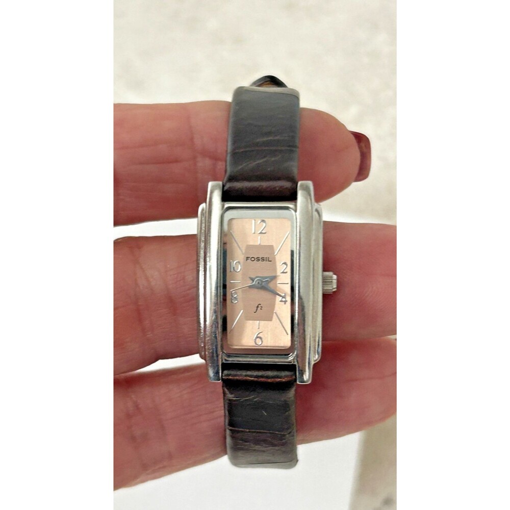 Fossil F2 Women Watch 17mm Pink Dial Brown Leather Strap Stainless New Battery